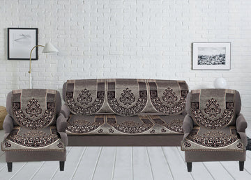 Nendle Damask Design Concept Sofa Set Covers 5 Seater with 80% Cotton & 20% Jute (Brown, Pack of 6)